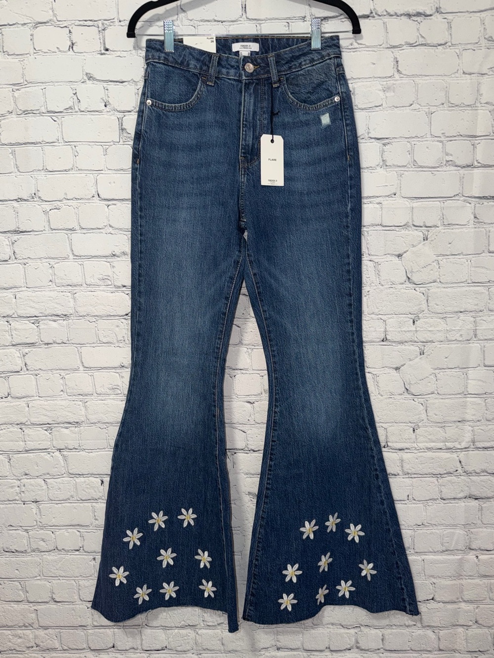 Forever 21 Medium/Dark Blue Flare Jeans with White Daisy Embroidery